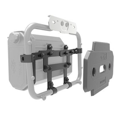 Suporte metálico com estojo cinzento e tampa destacada com texto RIG-RACK