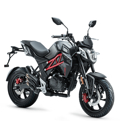 Motocicleta preta com detalhes vermelhos e farol angular