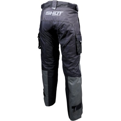 Calças pretas e cinzentas para motociclismo com bolsos laterais e logo SHOT no cós
