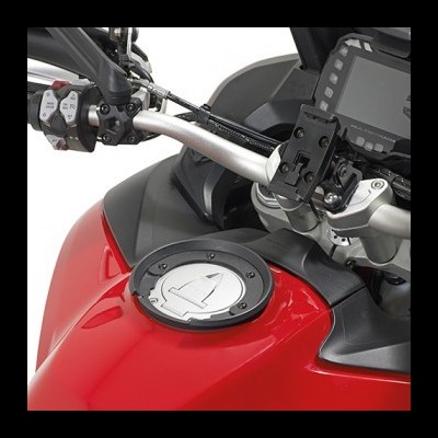 Guiador e depósito vermelho de motocicleta com tampa metálica e painel digital