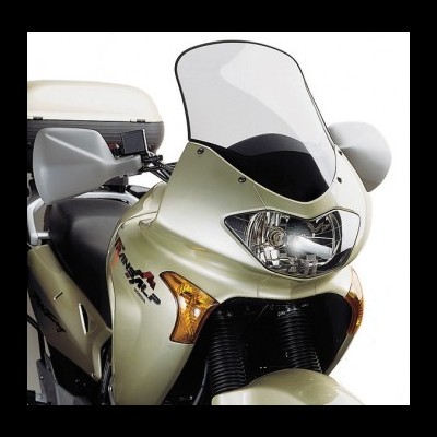 Motocicleta bege com para-brisas transparente e mala traseira branca