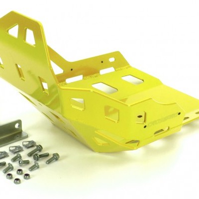 Protetor metálico amarelo com parafusos e suportes