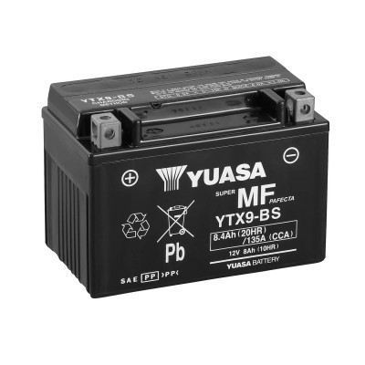 Bateria preta Yuasa super MF YTX9-BS com texto branco e símbolos de reciclagem