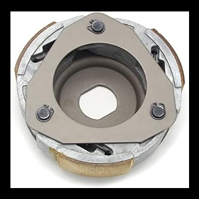 Parte mecânica circular metálica com três parafusos e recorte triangular cinzento