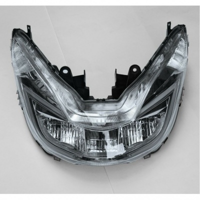 Farol dianteiro para motocicleta com lentes transparentes e estrutura preta