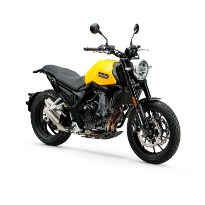 Motocicleta amarela e preta com farol redondo e assento preto.