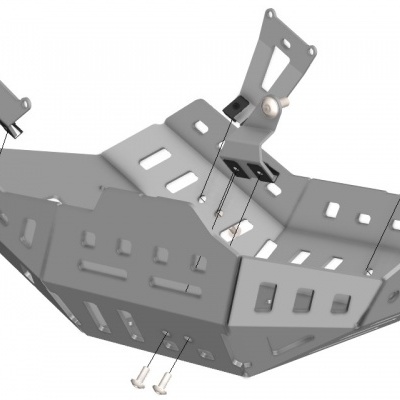 Estrutura metálica cinzenta com recortes e parafusos