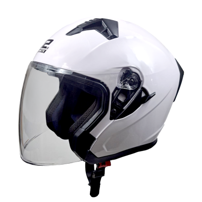 Capacete de mota aberto branco com viseira transparente e interior almofadado
