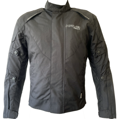 Casaco de motociclista preto com fecho frontal oculto e texto NAKIA TECH no peito