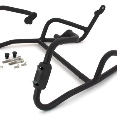 Estrutura metálica preta para proteção de motos com parafusos de montagem