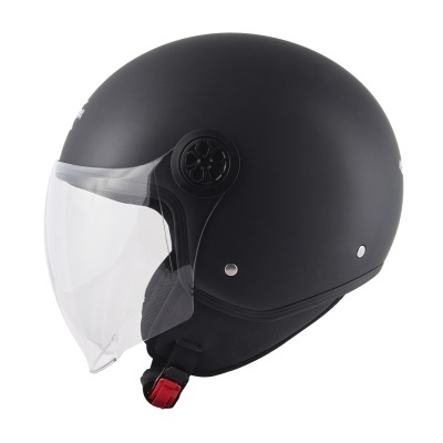 Capacete de moto aberto preto fosco com viseira transparente e fecho vermelho