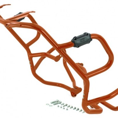 Estrutura metálica traseira laranja para moto com parafusos