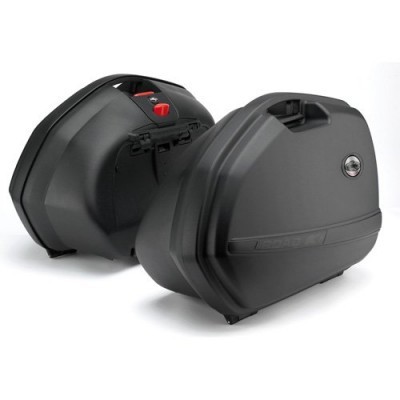 Malas laterais rígidas pretas para moto com fechadura e trava vermelha