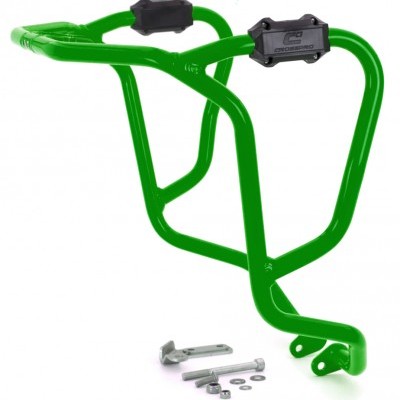 Estrutura metálica verde com peças de fixação cinza e plástico preto