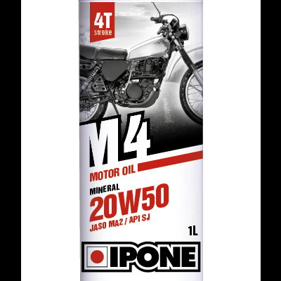 Frasco branco de óleo para motor IPONE M4 20W50 com imagem de motocicleta no rótulo