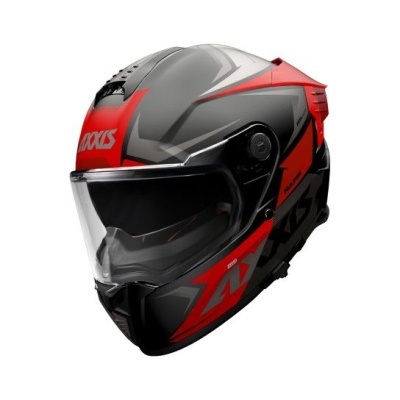 Capacete integral de moto preto, cinza e vermelho com viseira transparente e texto AXIUS.