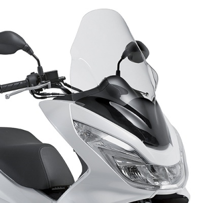 Motociclo branco com para-brisas transparente e farol dianteiro moderno