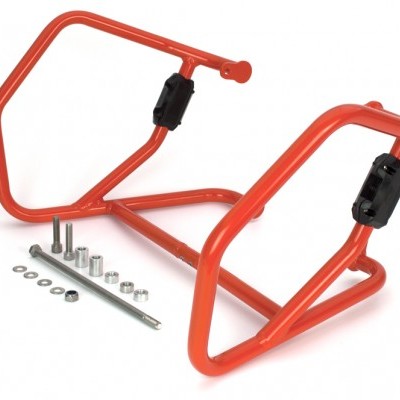 Suporte de moto vermelho em metal com parafusos e porcas