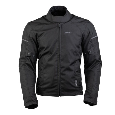 Casaco preto de motociclista com fecho e gola alta