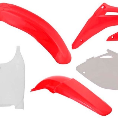 Peças de guarda-lamas e placas laterais para mota em plástico vermelho e branco