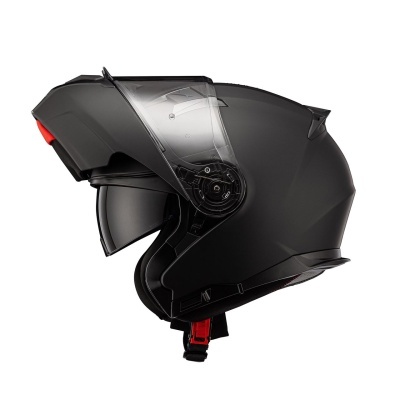 Capacete modular preto fosco com viseira transparente e detalhes vermelhos.