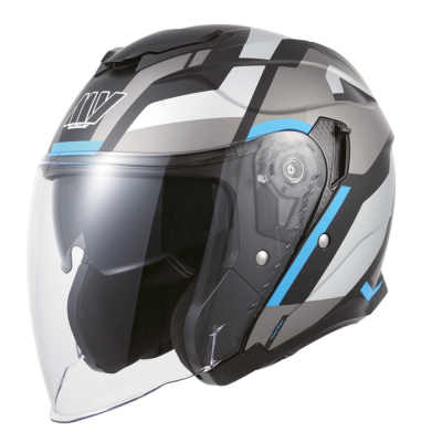 Capacete aberto para motociclista em preto, cinza, branco e azul com visor transparente