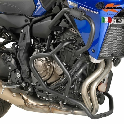Suporte de proteção de motor preto montado numa moto azul