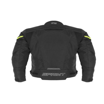 Casaco de moto preto com detalhes amarelos e texto SPRINT nas costas