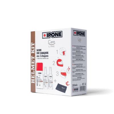 Kit de cuidados para capacete IPONE Care Line com três produtos e instruções em francês