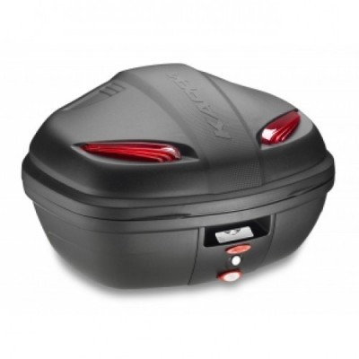 Mala para moto preta com detalhes vermelhos e fecho com botões