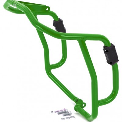 Estrutura tubular verde com protetores negros e acessórios metálicos
