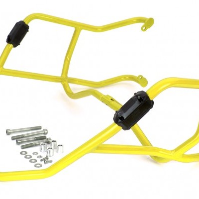 Estrutura metálica amarela com parafusos prateados