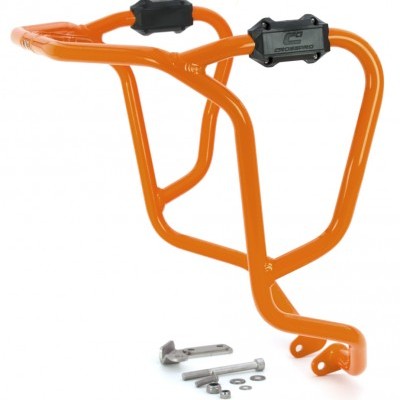 Estrutura metálica laranja para proteção de motocicleta com acessórios