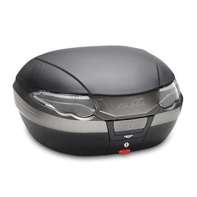 Top case para mota preto e cinza com texto 56 LITRES e fechadura com botão vermelho