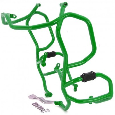 Estrutura de proteção metálica verde com parafusos e suportes em fundo branco