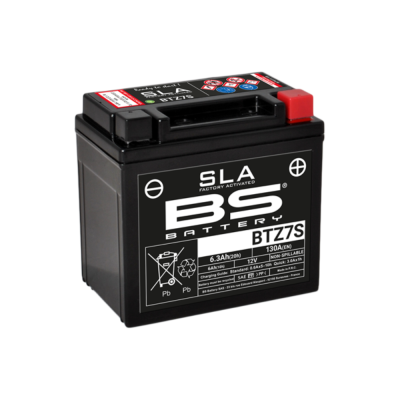 Bateria BS Battery modelo BTZ7S preta com etiquetas e terminais coloridos