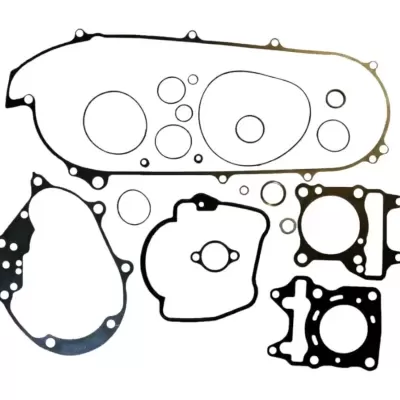 Conjunto de gaxetas e juntas de motor pretas sobre fundo branco