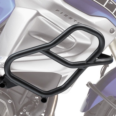 Protetor de motor metálico preto numa motocicleta azul e cinza