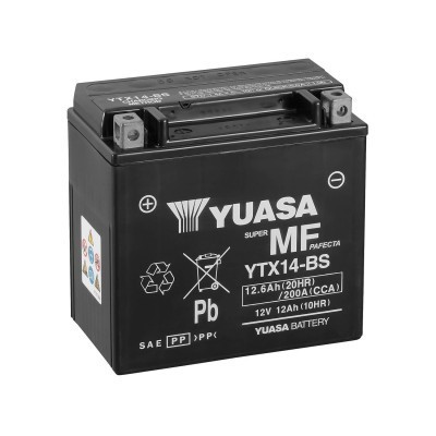 bateria Yuasa preta YTX14-BS com texto e símbolos visíveis