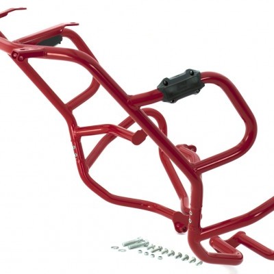 Estrutura metálica vermelha para moto com parafusos inoxidáveis