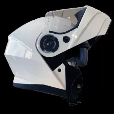 Capacete de motociclista modular branco com viseira transparente e interior preto