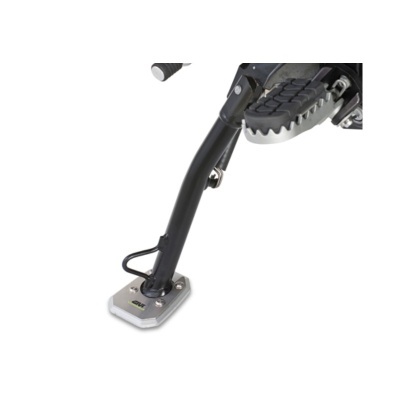 Suporte lateral para motocicleta em metal preto com base prateada e texto SW-MOTECH