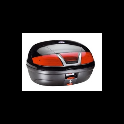 Top case para mota preto com detalhes vermelhos e cinzentos