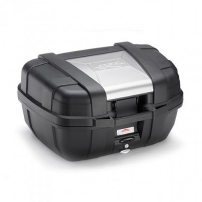 Mala rígida preta com tampa prateada e trava cinza