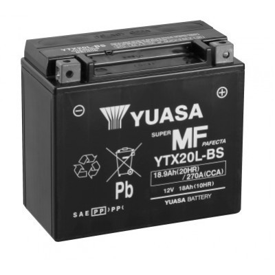 Bateria preta Yuasa MF YTX20L-BS com texto branco