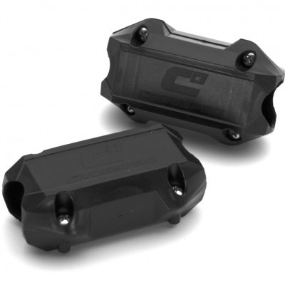 Duas caixas de proteção pretas em plástico com parafusos