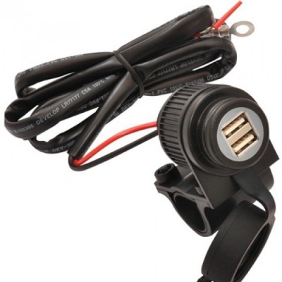 Carregador duplo USB preto com fixação para bicicleta e cabo anexado