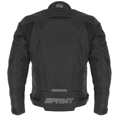Casaco de mota preto com texto SPRiNT e logo ST nas costas