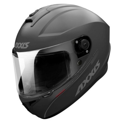 Capacete integral cinza com viseira transparente e logótipos AXXIS.