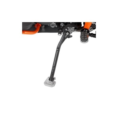 Descanso lateral de mota em metal preto com base prateada e detalhe em laranja